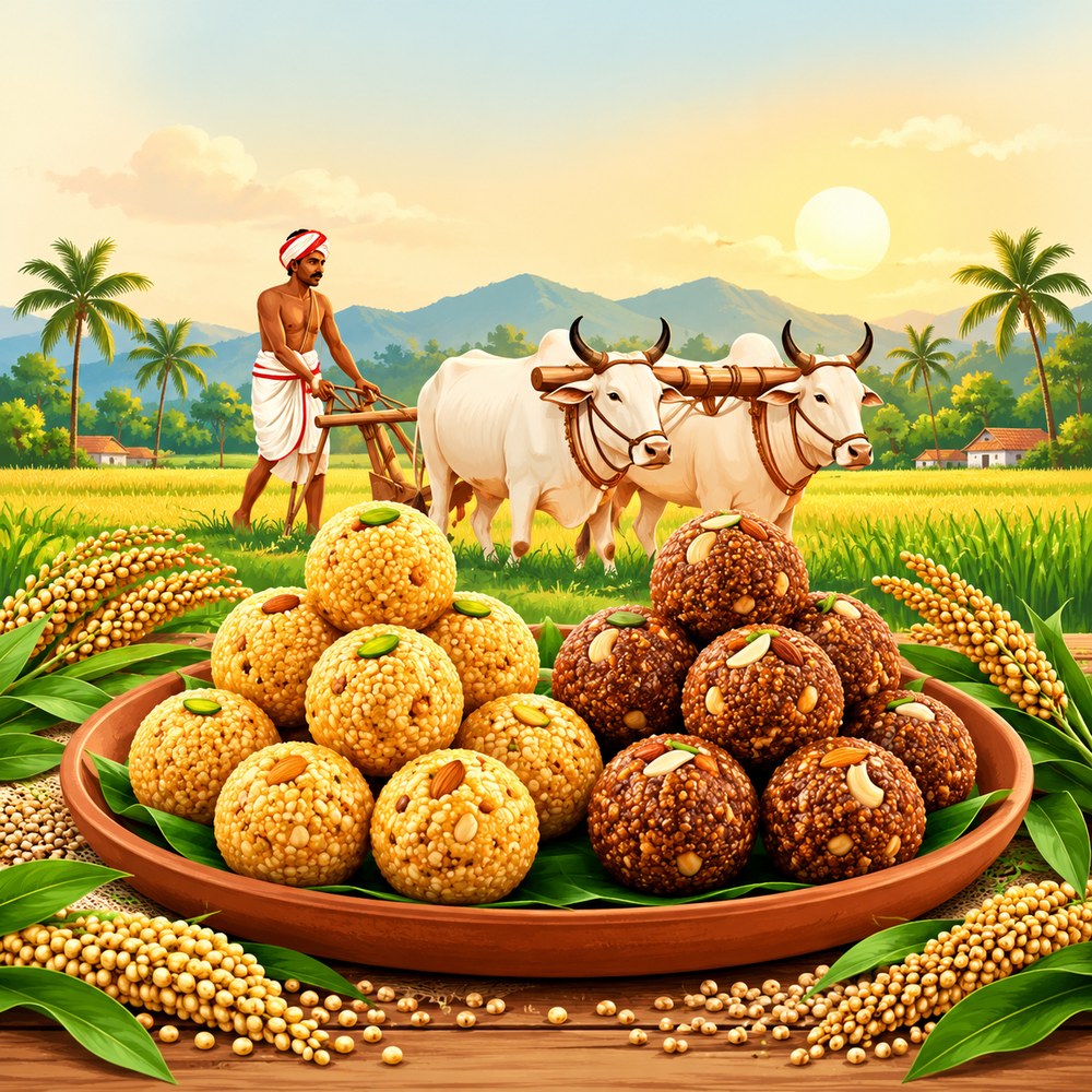 A farmer ploughing with two bulls in a millet field behind a plate of golden and ragi laddus